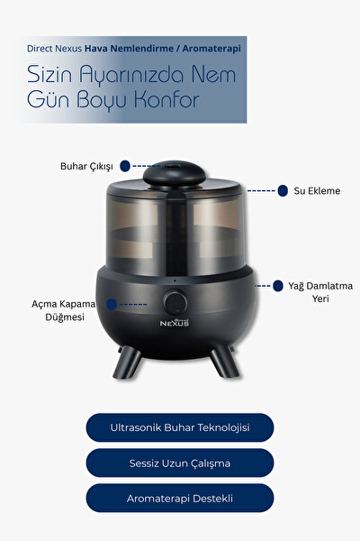 Direct Nexus Ultrasonik Buhar Makinesi (Hava Nemlendirici) Aromaterapi Diffüzör - Siyah