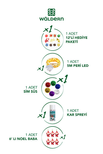 Waldern 120 CM Yılbaşı Çam Ağaç Seti 5 Metre Peri Ledli Ve Yılbaşı Süsleri Paketi Kar Spreyi