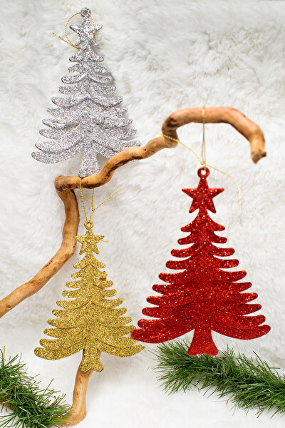 Waldern 3'lü Simli Çam Ağacı Gümüş-Kırmızı Yılbaşı Çam Ağacı Süsü 15x10 CM