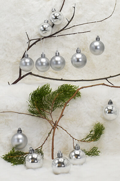 Waldern 6 Parlak - 6 Metalize 12'li Gümüş Top Yılbaşı Ağacı Süsü 4 CM
