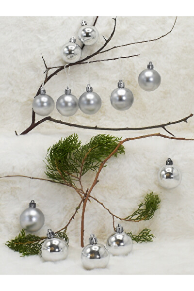 Waldern 6 Parlak - 6 Metalize 12'li Gümüş Top Yılbaşı Ağacı Süsü 4 CM