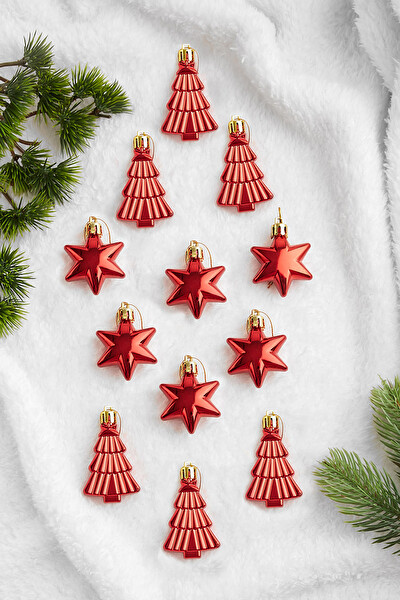 Waldern 12'li Yıldız Ve Ağaç Figürlü Yılbaşı Süsü Kırmızı