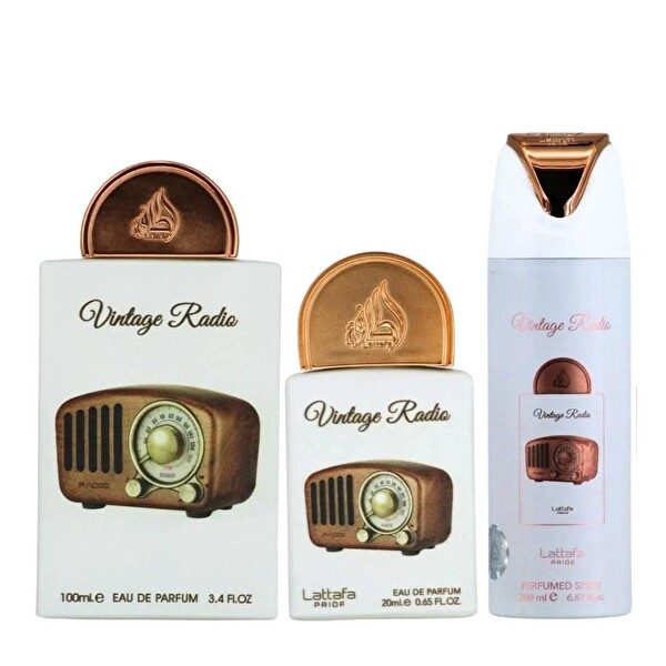Lattafa Pride Vintage Radio EDP 100 ml + EDP 20 ml + 200 ml Deospray Unisex Parfüm Seti