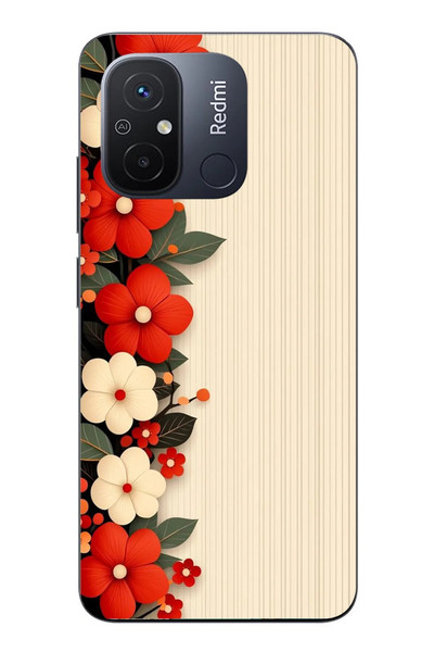 Le Balvo Redmi 12C Uyumlu Kırmızı Beyaz Çiçekler Baskılı Silikon Kılıf