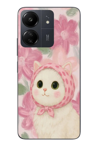 Le Balvo Redmi 13C Uyumlu Pembe Örtülü Kedi Baskılı Silikon Kılıf