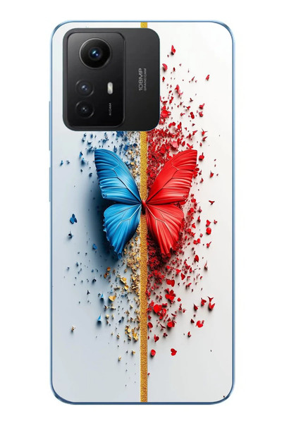 Le Balvo Redmi Note 12S Uyumlu Kırmızı Mavi Kelebek Baskılı Silikon Kılıf