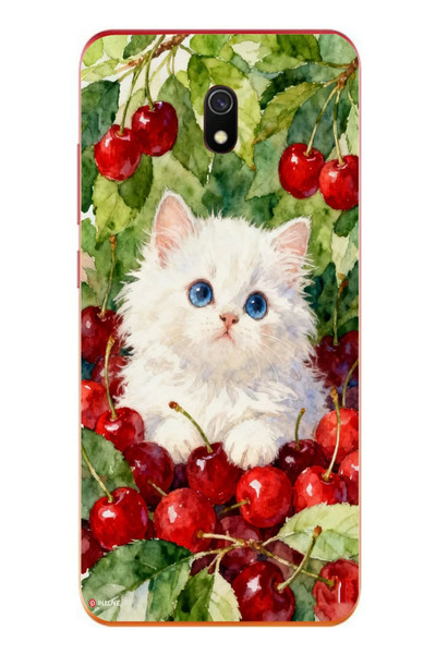 Le Balvo Redmi 8A Uyumlu Kirazlı Kedi Baskılı Silikon Kılıf