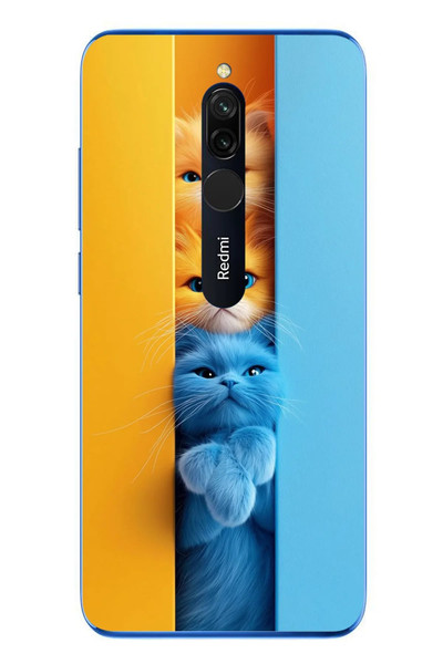 Le Balvo Redmi 8 Uyumlu Mavi Sarı Kediler Baskılı Silikon Kılıf