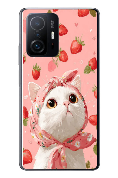 Le Balvo Xiaomi Mi 11 T-11 T Pro Uyumlu Örtülü Kedi Çilekli Baskılı Silikon Kılıf