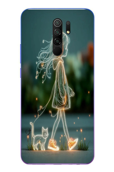 Le Balvo Redmi 9 Uyumlu Kedili Neon Kız Baskılı Silikon Kılıf