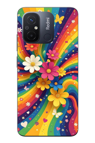 Le Balvo Redmi 12C Uyumlu Renkli Gökkuşağı Çiçekleri Baskılı Silikon Kılıf