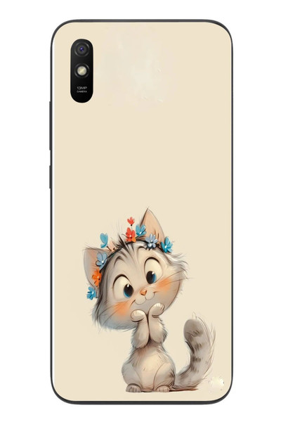 Le Balvo Redmi 9A Uyumlu Sevimli Çiçekli Kedi Baskılı Silikon Kılıf