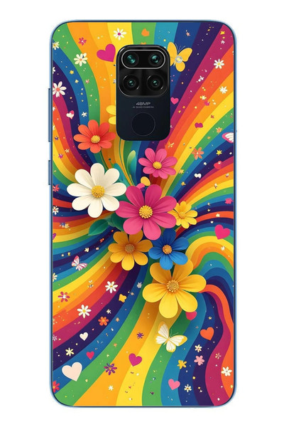 Le Balvo Redmi Note 9 Uyumlu Renkli Gökkuşağı Çiçekleri Baskılı Silikon Kılıf