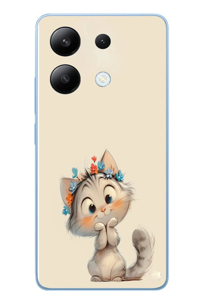 Le Balvo Redmi Note 13 4G Uyumlu Sevimli Çiçekli Kedi Baskılı Silikon Kılıf