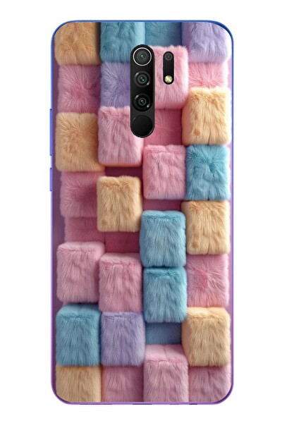 Le Balvo Redmi 9 Uyumlu Pembe Tüylü Kareler Baskılı Silikon Kılıf