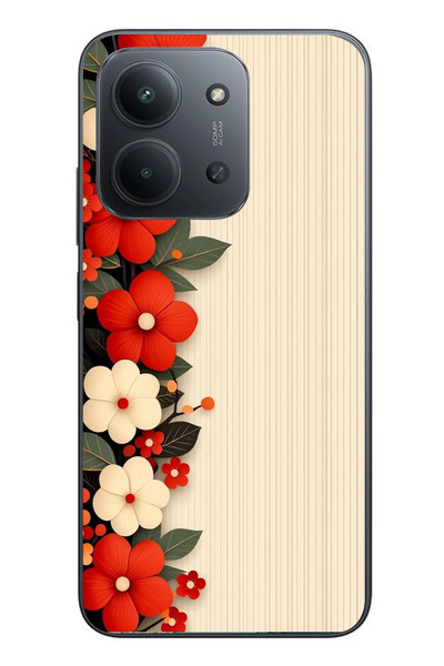 Le Balvo Redmi 15C Uyumlu Kırmızı Beyaz Çiçekler Baskılı Silikon Kılıf