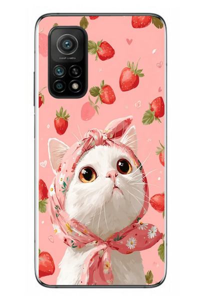 Le Balvo Xiaomi Mi 10 T Uyumlu Örtülü Kedi Çilekli Baskılı Silikon Kılıf