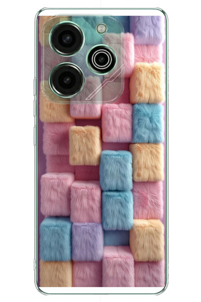 Le Balvo Tecno Pova 6 - Pova 6 Pro Uyumlu Pembe Tüylü Kareler Baskılı Silikon Kılıf