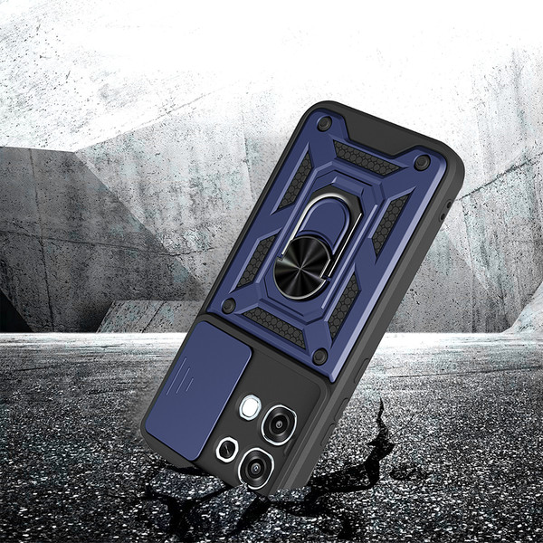 Başkenttekno Oppo A6 Pro Kılıf Magnetik Standlı Kamera Korumalı Zore Sürgülü Vega Kapak Mavi