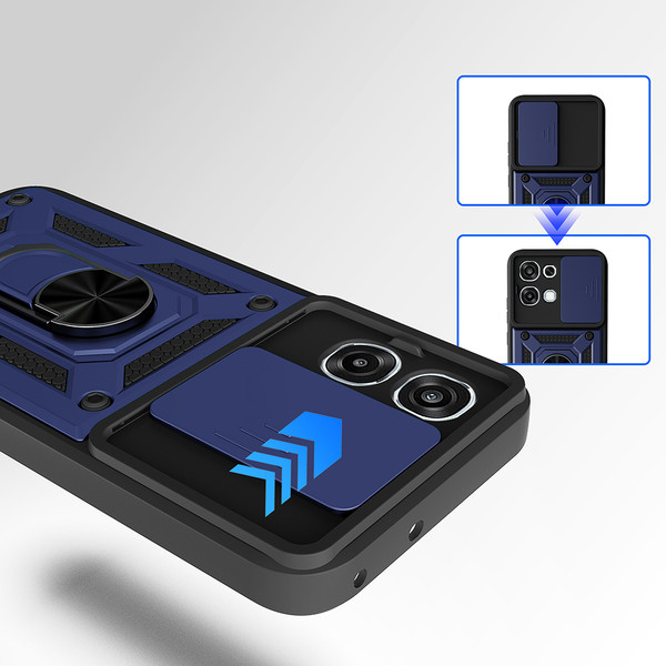Başkenttekno Oppo A6 Pro Kılıf Magnetik Standlı Kamera Korumalı Zore Sürgülü Vega Kapak Mavi