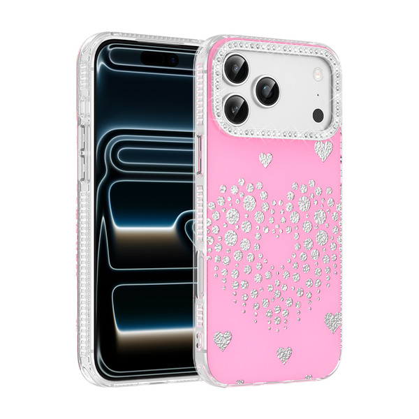 Başkenttekno iPhone 17 Pro Uyumlu Kalpli Işıltılı Damla Taşlı Şeffaf Kenarlı Rivas Sert PC Koruyucu Telefon Kılıf Pembe