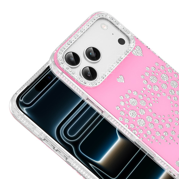 Başkenttekno iPhone 17 Pro Uyumlu Kalpli Işıltılı Damla Taşlı Şeffaf Kenarlı Rivas Sert PC Koruyucu Telefon Kılıf Pembe