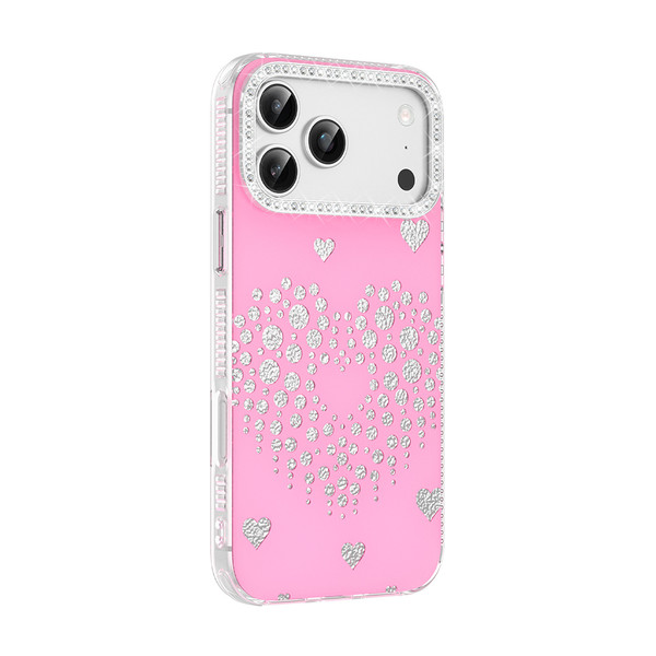 Başkenttekno iPhone 17 Pro Uyumlu Kalpli Işıltılı Damla Taşlı Şeffaf Kenarlı Rivas Sert PC Koruyucu Telefon Kılıf Pembe
