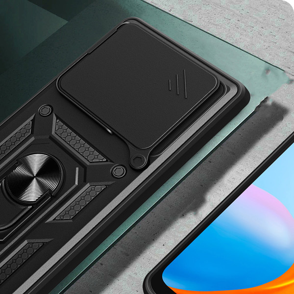 Başkenttekno Xiaomi Redmi Note 15 4G Zırhlı Yüzüklü Standlı Sürgülü Kamera Korumalı Telefon Kılıfı Siyah