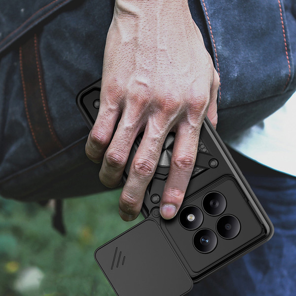 Başkenttekno Xiaomi Redmi Note 15 4G Zırhlı Yüzüklü Standlı Sürgülü Kamera Korumalı Telefon Kılıfı Siyah