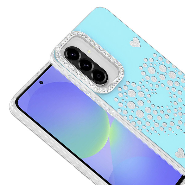 Başkenttekno Samsung Galaxy A37 Uyumlu Kalpli Işıltılı Damla Taşlı Şeffaf Kenarlı Rivas Sert PC Telefon Kılıf Mavi