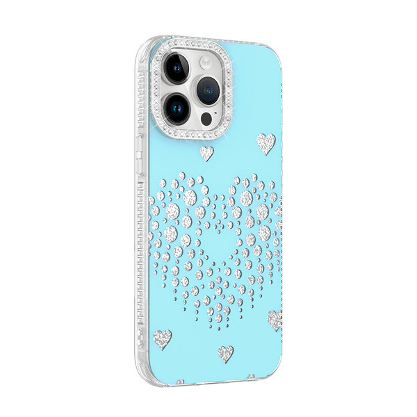 Başkenttekno iPhone 14 Pro Max Uyumlu Kalpli Işıltılı Damla Taşlı Şeffaf Kenarlı Rivas Sert PC Telefon Kılıf Mavi