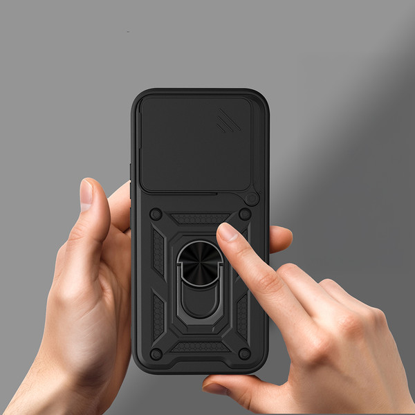 Başkenttekno Xiaomi 17T Zırhlı Yüzüklü Standlı Sürgülü Kamera Korumalı Telefon Kılıfı Siyah