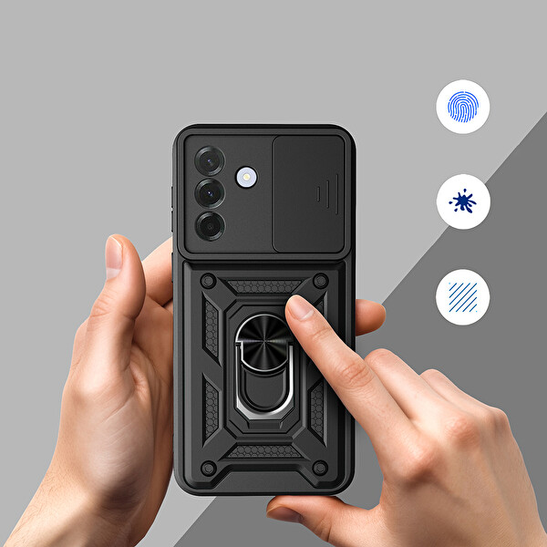 Başkenttekno Samsung Galaxy A37 Zırhlı Yüzüklü Standlı Sürgülü Kamera Korumalı Telefon Kılıfı Siyah