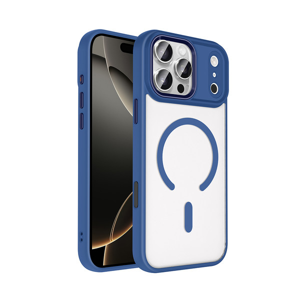Başkenttekno iPhone 18 Pro MagSafe Uyumlu Darbe Emici Şeffaf Sert Silikon Koruyucu Krom Kılıf Lacivert
