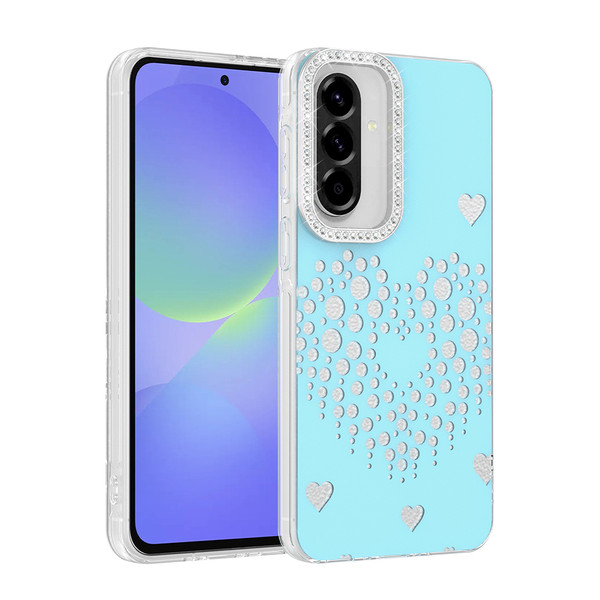 Başkenttekno Samsung Galaxy A56 Uyumlu Kalpli Işıltılı Damla Taşlı Şeffaf Kenarlı Rivas Sert PC Telefon Kılıf Mavi