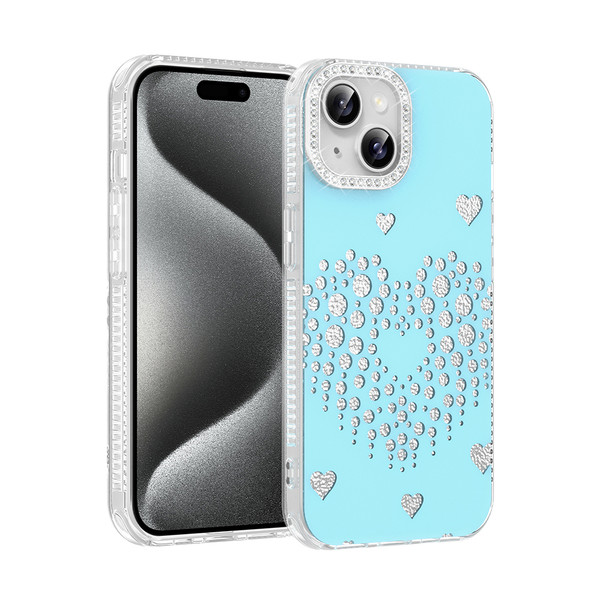 Başkenttekno iPhone 14 Uyumlu Kalpli Işıltılı Damla Taşlı Şeffaf Kenarlı Rivas Sert PC Koruyucu Telefon Kılıf Mavi