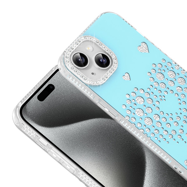 Başkenttekno iPhone 14 Uyumlu Kalpli Işıltılı Damla Taşlı Şeffaf Kenarlı Rivas Sert PC Koruyucu Telefon Kılıf Mavi
