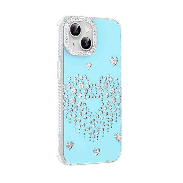 Başkenttekno iPhone 14 Uyumlu Kalpli Işıltılı Damla Taşlı Şeffaf Kenarlı Rivas Sert PC Koruyucu Telefon Kılıf Mavi