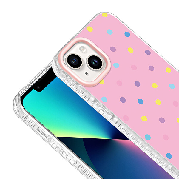 Başkenttekno iPhone 14 Airbag Korumalı Darbe Emici Puantiye Desenli Potik Sert PC Arka Kapak Pembe