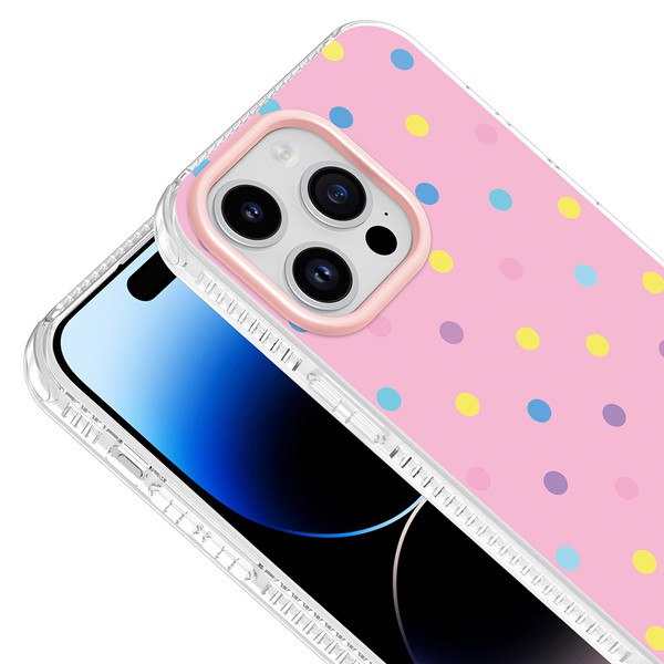 Başkenttekno iPhone 14 Pro Max Airbag Korumalı Darbe Emici Puantiye Desenli Potik Sert PC Arka Kapak Pembe