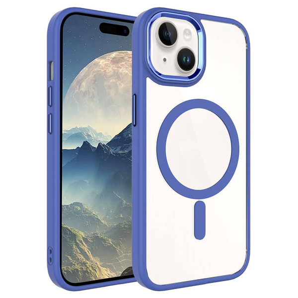 Başkenttekno iPhone 15 Plus Kılıf Wireless Şarj Özellikli Krom Magsafe Silikon Kapak Kılıf Mavi