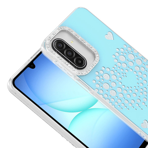 Başkenttekno Samsung Galaxy A26 Uyumlu Kalpli Işıltılı Damla Taşlı Şeffaf Kenarlı Rivas Sert PC Telefon Kılıf Mavi