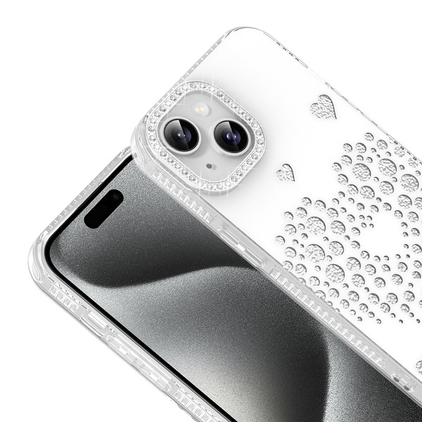 Başkenttekno iPhone 13 Uyumlu Kalpli Işıltılı Damla Taşlı Şeffaf Kenarlı Rivas Sert PC Koruyucu Telefon Kılıf Beyaz
