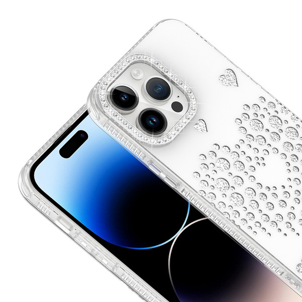 Başkenttekno iPhone 14 Pro Max Uyumlu Kalpli Işıltılı Damla Taşlı Şeffaf Kenarlı Rivas Sert PC Telefon Kılıf Beyaz