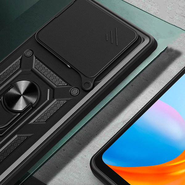 Başkenttekno Xiaomi Redmi Note 15 Pro Plus Zırhlı Yüzüklü Standlı Sürgülü Kamera Korumalı Telefon Kılıfı Siyah