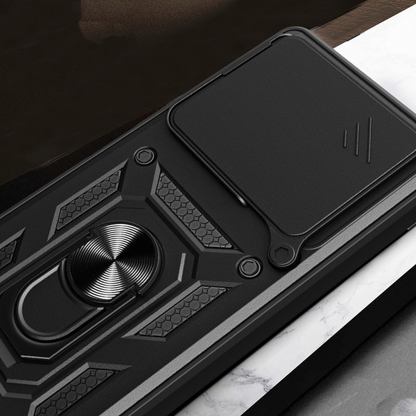 Başkenttekno Xiaomi Redmi Note 15 Pro Plus Zırhlı Yüzüklü Standlı Sürgülü Kamera Korumalı Telefon Kılıfı Siyah