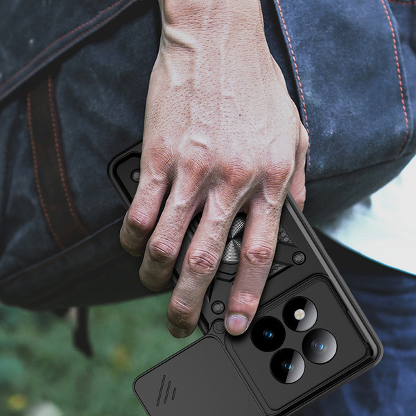 Başkenttekno Xiaomi Redmi Note 15 Pro Plus Zırhlı Yüzüklü Standlı Sürgülü Kamera Korumalı Telefon Kılıfı Siyah