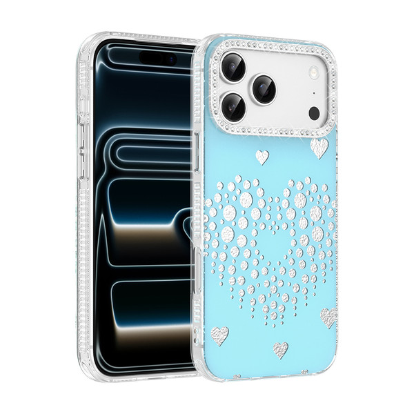 Başkenttekno iPhone 18 Pro Max Uyumlu Kalpli Işıltılı Damla Taşlı Şeffaf Kenarlı Rivas Sert PC Telefon Kılıf Mavi
