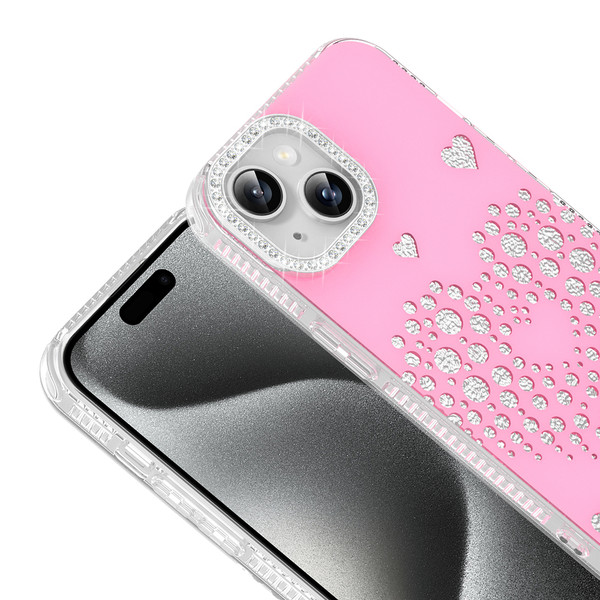 Başkenttekno iPhone 14 Uyumlu Kalpli Işıltılı Damla Taşlı Şeffaf Kenarlı Rivas Sert PC Koruyucu Telefon Kılıf Pembe