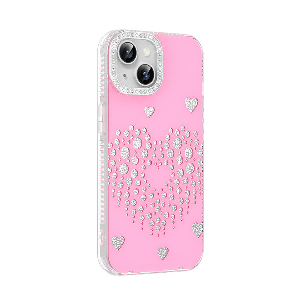 Başkenttekno iPhone 14 Uyumlu Kalpli Işıltılı Damla Taşlı Şeffaf Kenarlı Rivas Sert PC Koruyucu Telefon Kılıf Pembe